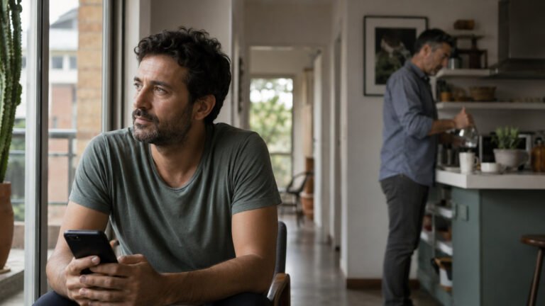 Un hombre adulto mira hacia la ventana mientras su pareja permanece en la cocina; escena editorial sobre confianza en pareja.