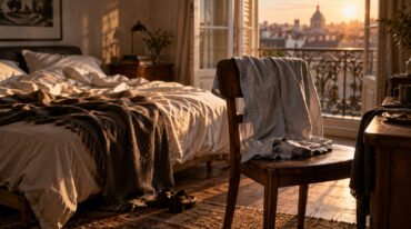 Prenda clara sobre el respaldo de una silla junto a una cama y una ventana al atardecer.