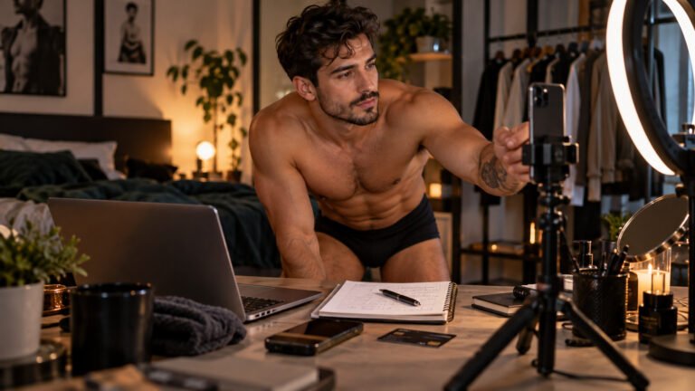 Hombre adulto sin camisa frente a un teléfono y aro de luz, con computadora y equipo de trabajo en una habitación.